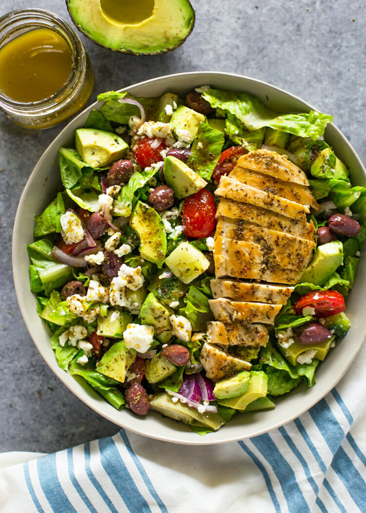 Greek Avocado & Grilled Chicken Salad with Greek Dressing